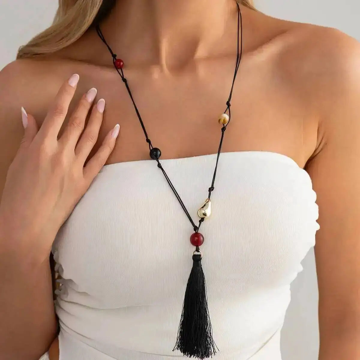 Resin Bead Tassel Leather Cord Necklace Jewelry