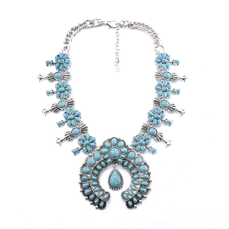 Western Jewelry American Tribal Big Chunky Bold Statement Accessories Femme Squash Blossom Turquoise Necklace for Women