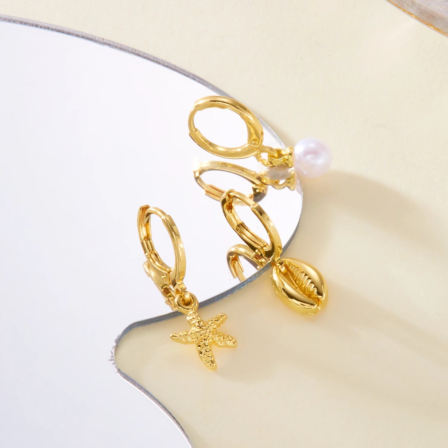 Starfish Shell Pearl Hoop Earrings Set Jewelry