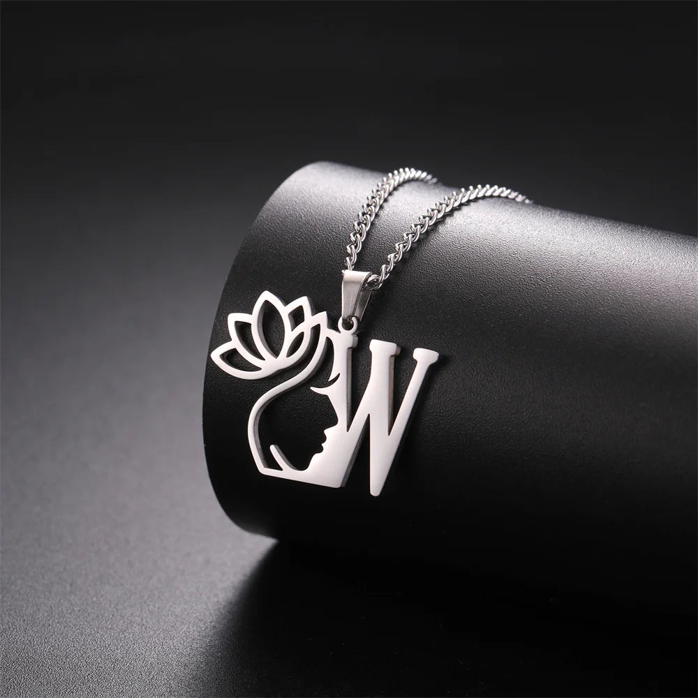 Lotus Flower Initial Letter Pendant, Personalized Stainless Steel Necklace