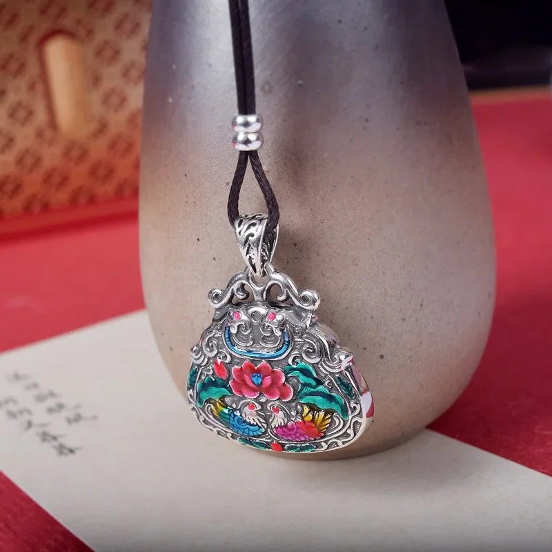 925 Sterling Silver Cloisonne Mandarin Duck & Lotus Enamel Necklace, Auspicious Love Amulet