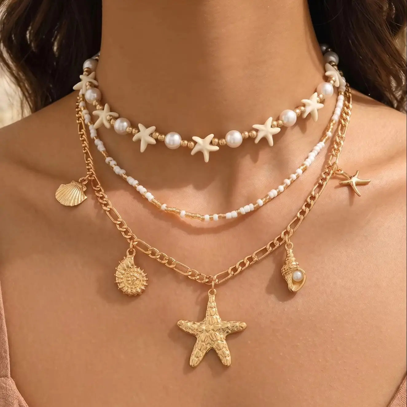 Starfish Shell Faux Pearl Layered Necklace Jewelry