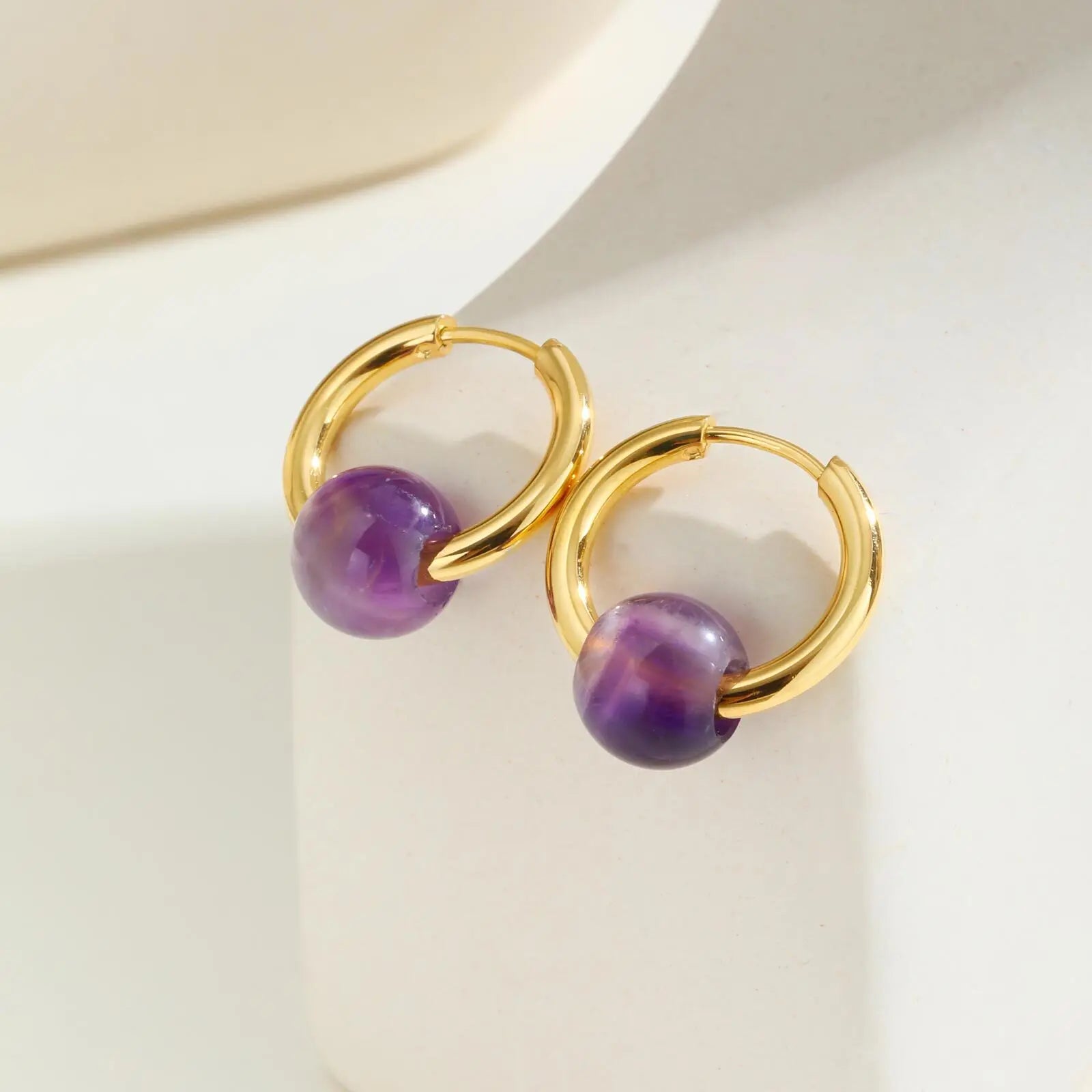 Natural Amethyst Beaded Hoop Earrings, Gold-Plated Stainless Steel Waterproof Jewelry