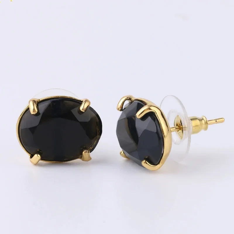 Oval Shape Stud Earrings golden Color Natural Stone Faceted Pink Quartz Crystal Agate lapis lazuli Healing Jewelry Female - Charlie Dolly