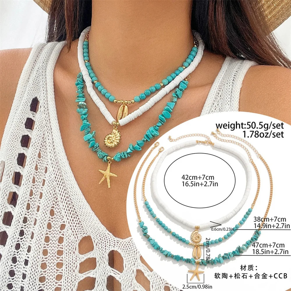 Conch Starfish Rice Bead Collar Necklace Jewelry