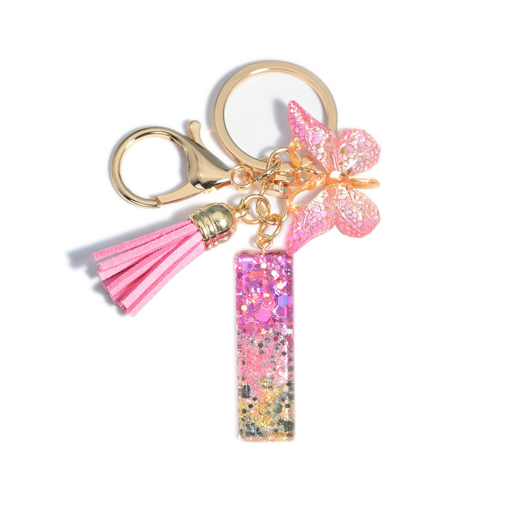 Cute Resin A-Z Initials Letter Keychain Pink Sparkle Butterfly Tassel Pendant Keyring for Women Girl Purse Handbags Jewelry Gift - Charlie Dolly