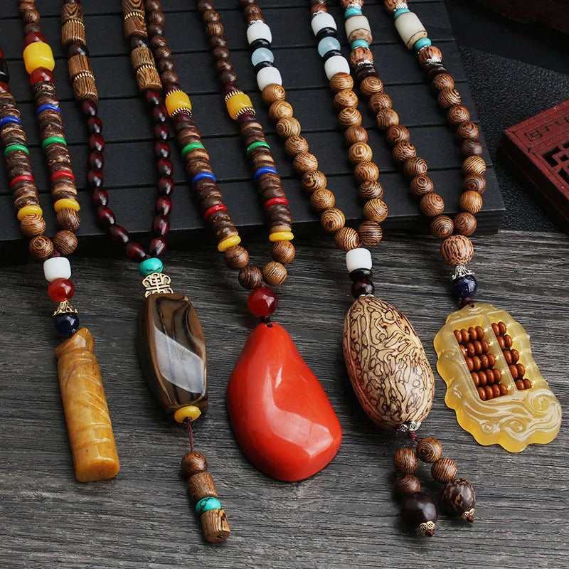 Wood Bead Bodhi Pendant Sweater Chain Necklace Jewelry