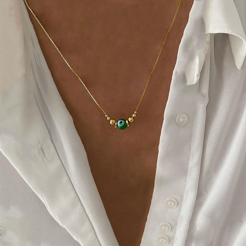 Fashion Classic White Rice Beads White Shell Stone Short Necklace Retro Charm Moon Eyes Pendant Jewelry Christmas Halloween Gift