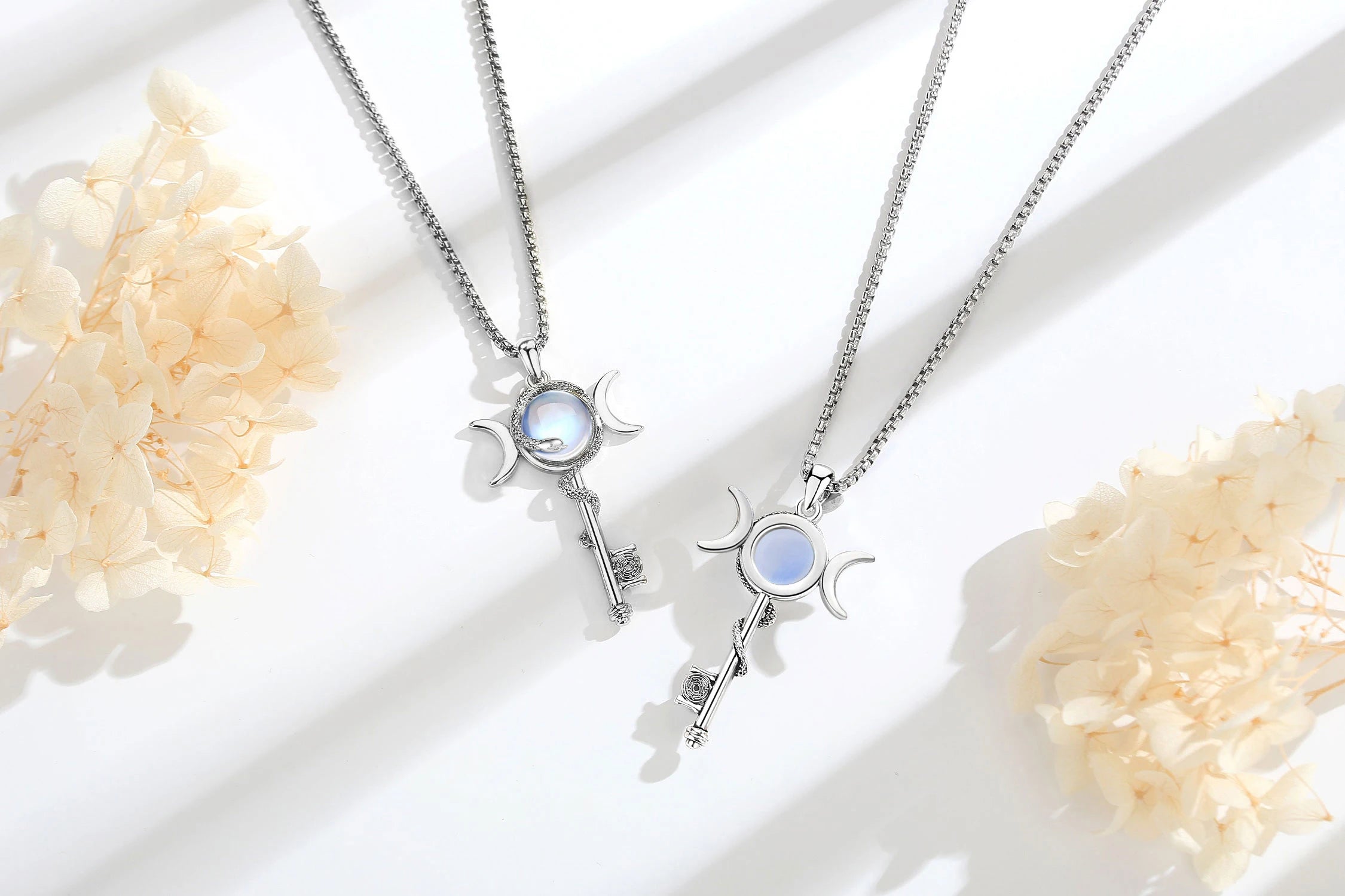 Hecate Key & Triple Moon Goddess Pendant with Moonstone, Sacred Witch Amulet