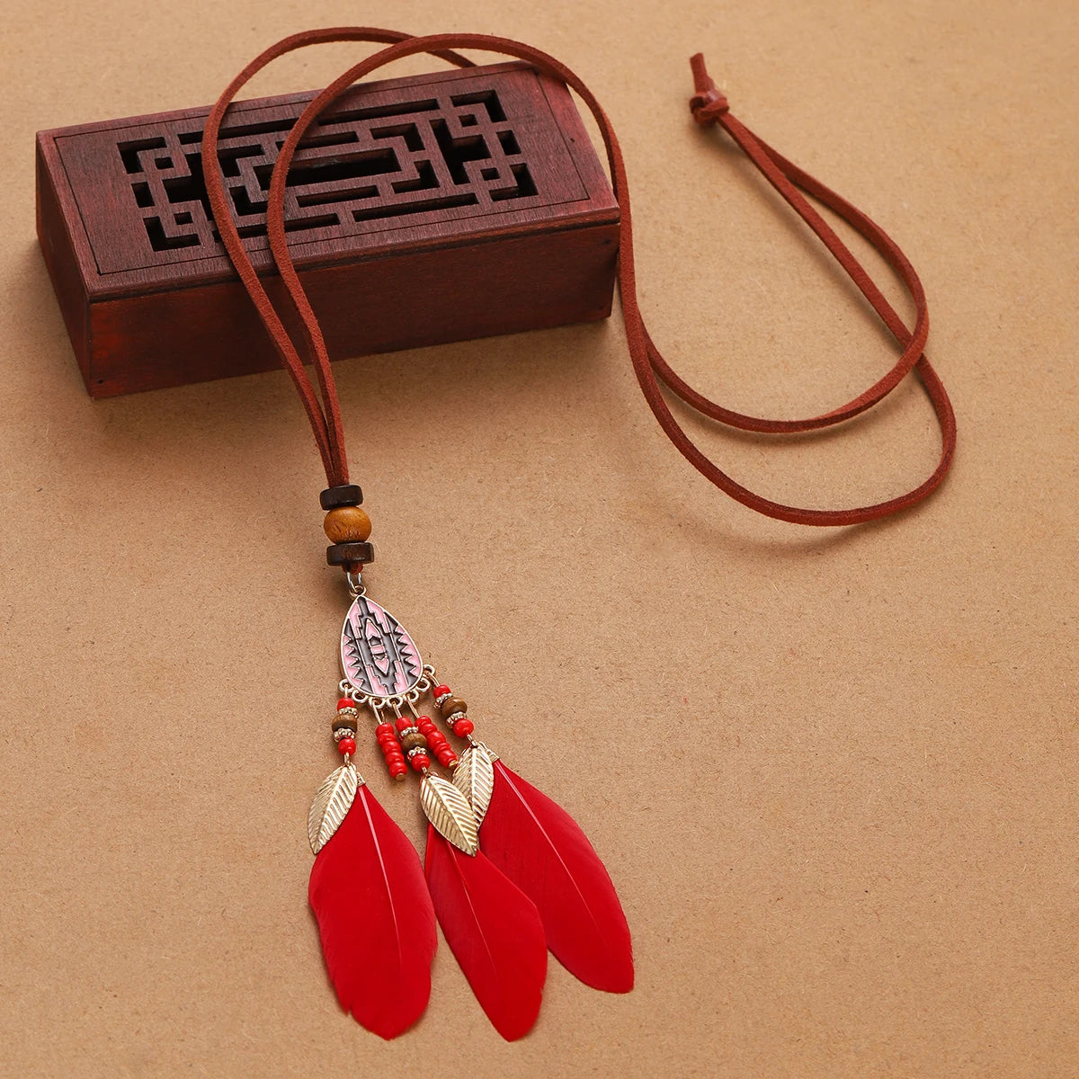 Rope Bead Feather Pendant Long Necklace Jewelry