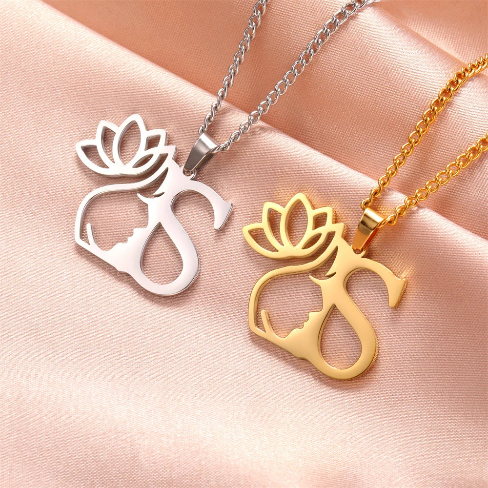 Lotus Flower Initial Letter Pendant, Personalized Stainless Steel Necklace