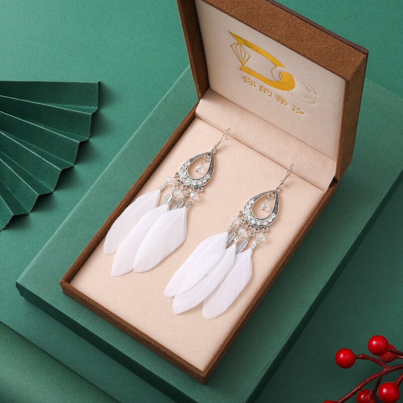 Vintage Long Water Drop Feather Earrings for Women Elegant Insert Rhinestone Crystal Bead Leaf Tassel Earring Female Jewelry