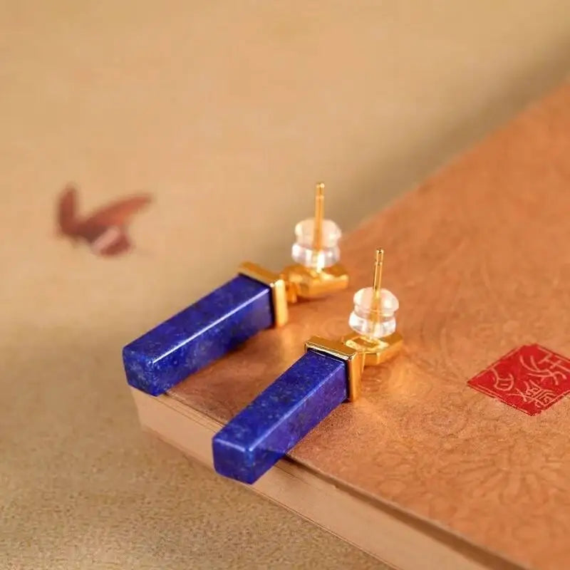 GEEZENCA 925 Silver Gold Plated Lapis Lazuli Bar Charm Dangle Drop Earrings Women CZ Geometric Oblong Simple Trendy Earring Gift - Charlie Dolly