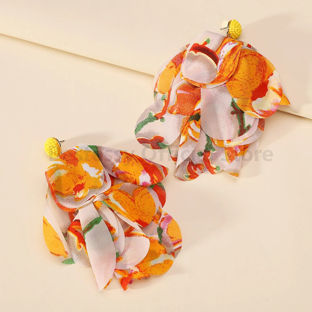 Cotton Flower Petal Beaded Tassel Earrings Jewelry