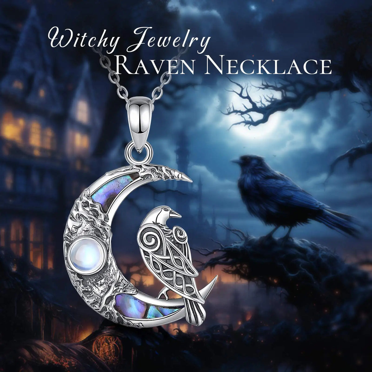 Sterling Silver 925 Viking Raven & Pentagram Moon Necklace, Abalone Shell Amulet