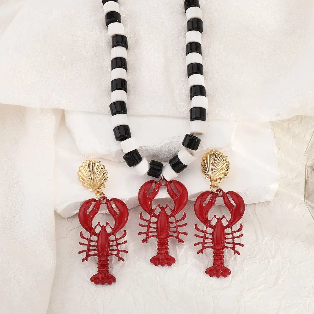 Handmade Lobster Stone Beaded Necklace and Earring Set