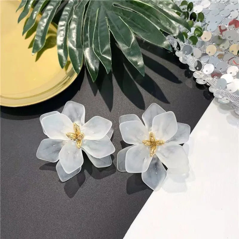 White Flower Crystal Long Drop Earrings Jewelry