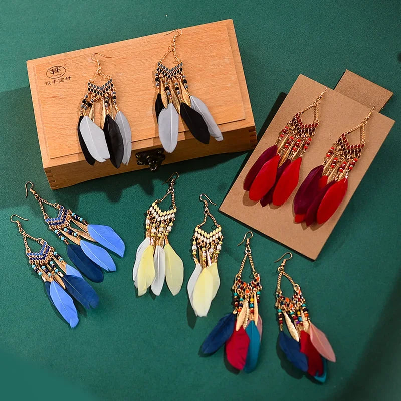 Feather Colorful Bead Long Tassel Earrings Jewelry