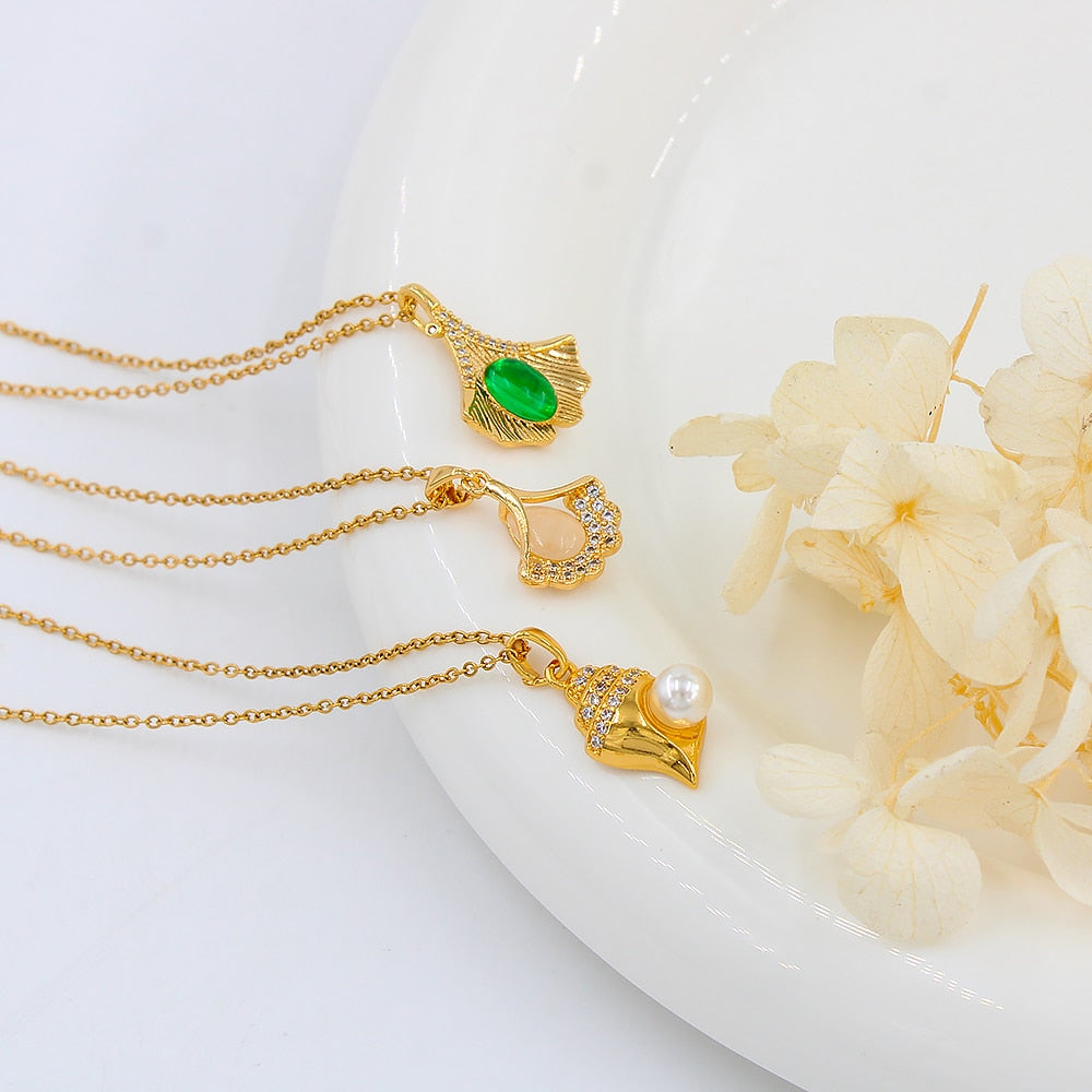 Pearl Stainless Steel Pendant Necklace Fashion Scallop Shell Conch Copper Pendant Shell Shape Women's Luxury Jewelry YS474