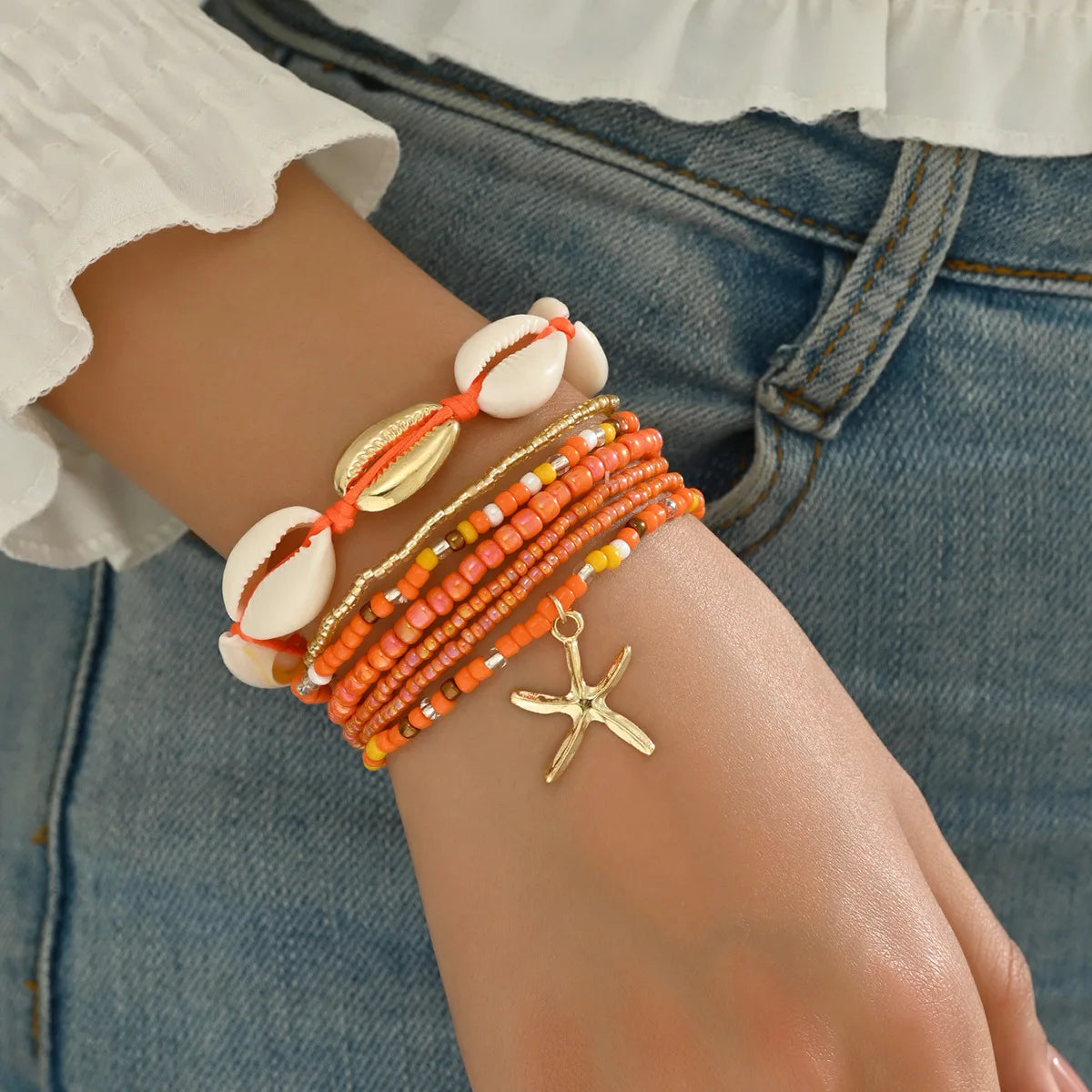 Shell, Starfish and Beaded Woven Bohemian Bracelet Set (7 Pieces)