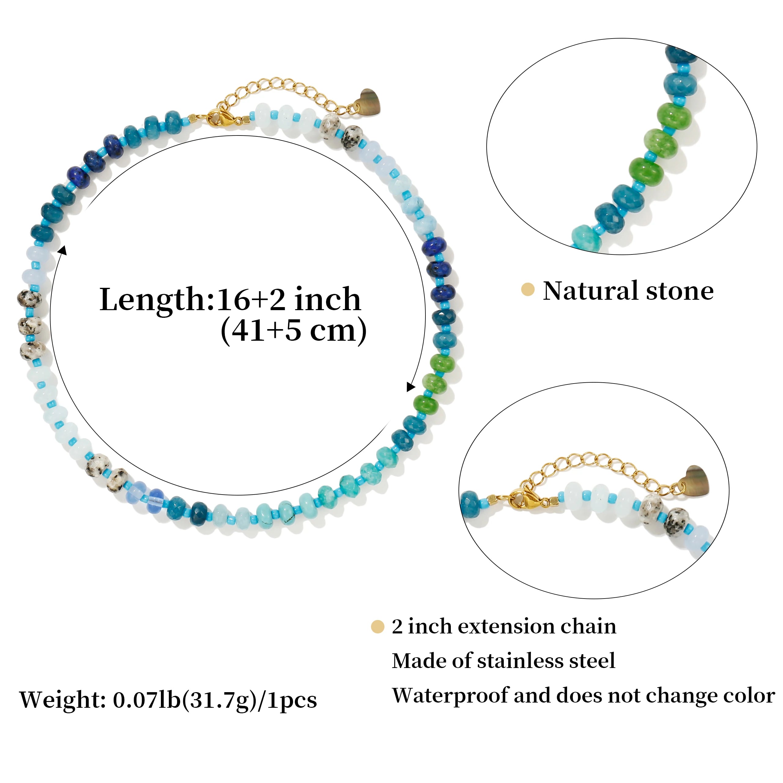 Badu Rainbow Gemstone Beaded Necklace Colorful Natural Stone Choker Necklace Summer Beach Vacation Women's Fashion Boho Jewelry - Charlie Dolly