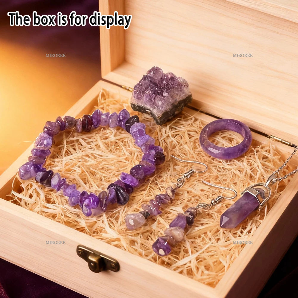 Natural Amethyst 5-Piece Crystal Set, Bracelet Necklace Ring & Earrings Healing Gift