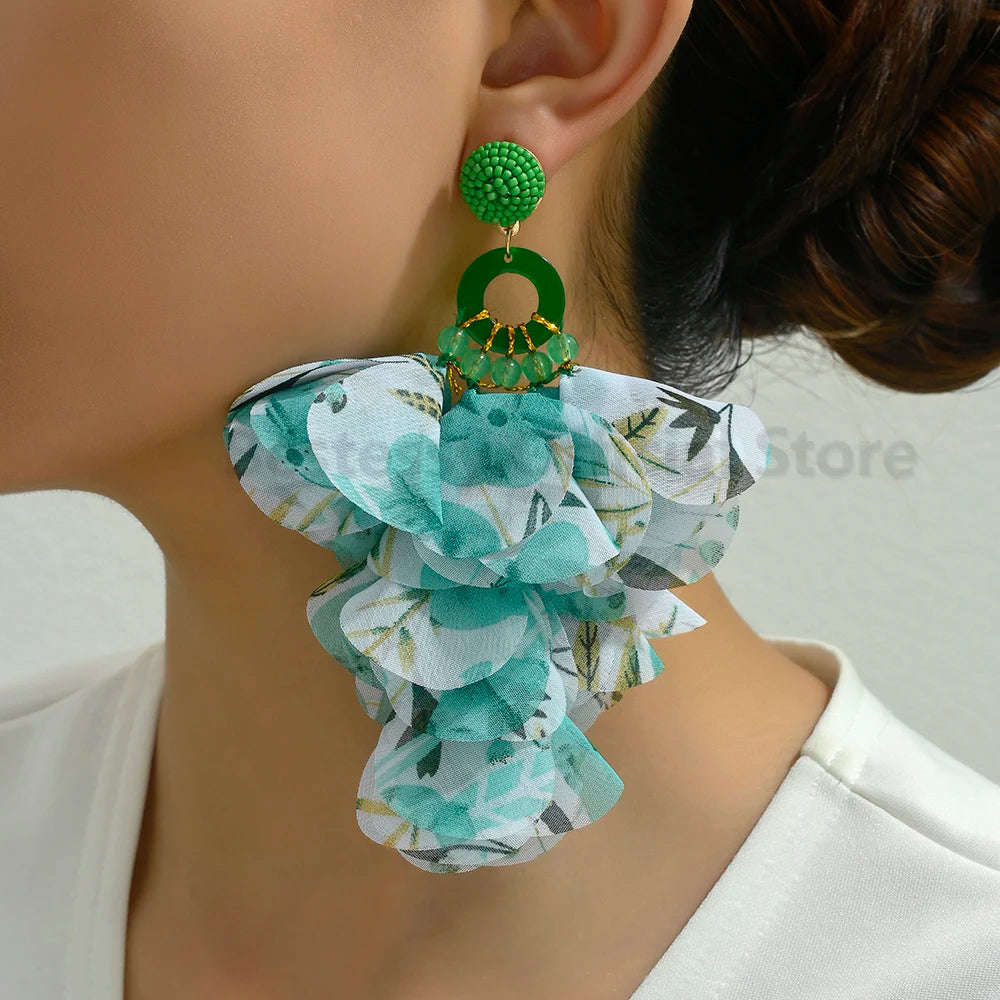 Acrylic Bead Yarn Petal Long Dangle Earrings Jewelry