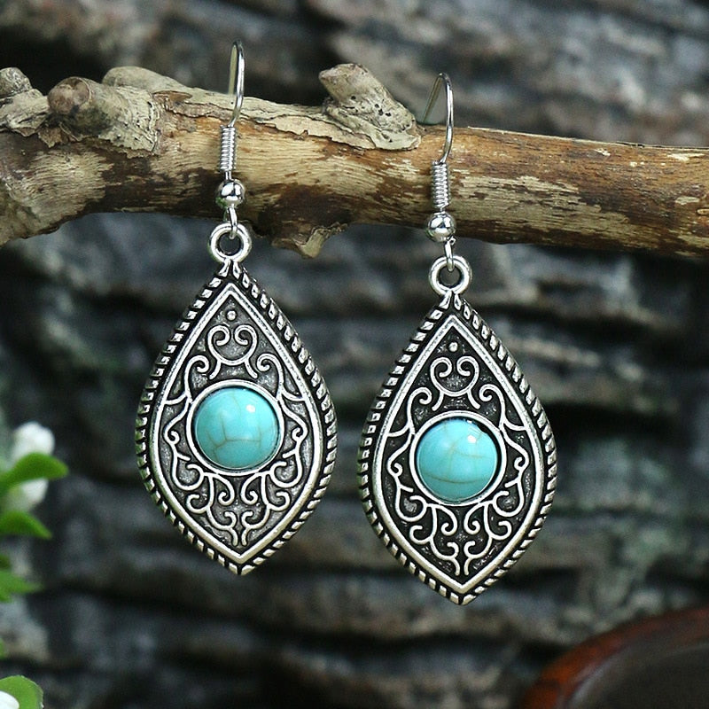 53 Styles Bohemian Vintage Tibetan Silver Geometric Drop Earrings For Women Ethnic Blue Stone Tassel Dangle Earrings Jewelry