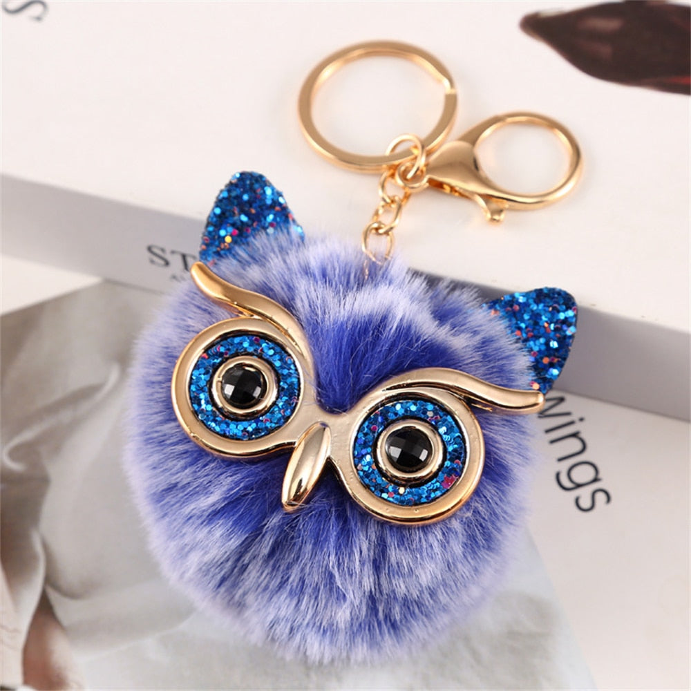Cartoon Plush Owl Keychain With Sequin Girls Backpack Ornaments Fashion Soft Fluffy Pompom Animal Key Rings For Ladies Gifts