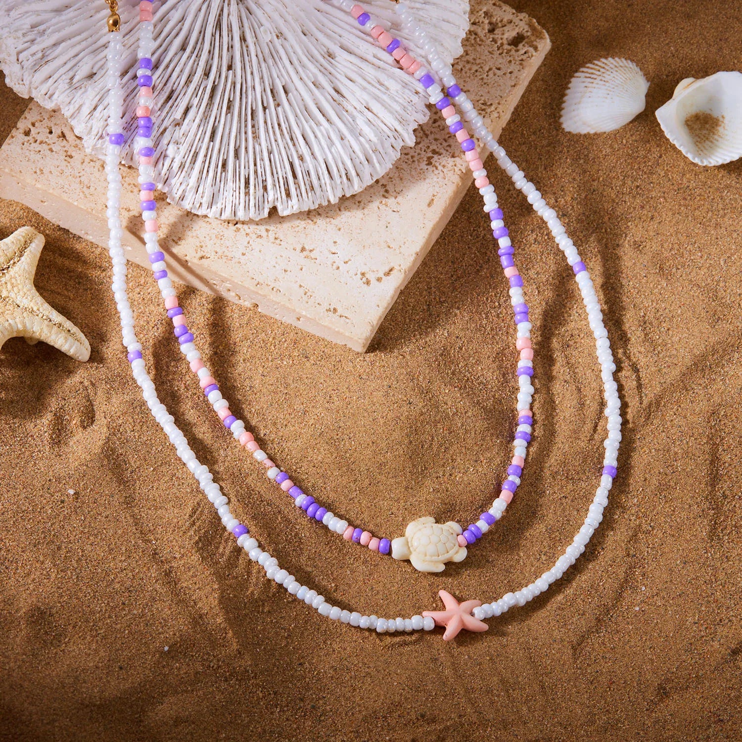 Starfish, Sea Turtle and Conch Beaded Layered Necklace