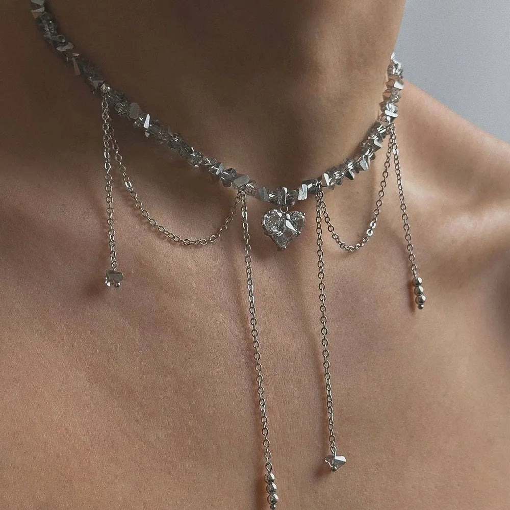 Geometric Crystal Zircon Heart Bead Necklace Jewelry