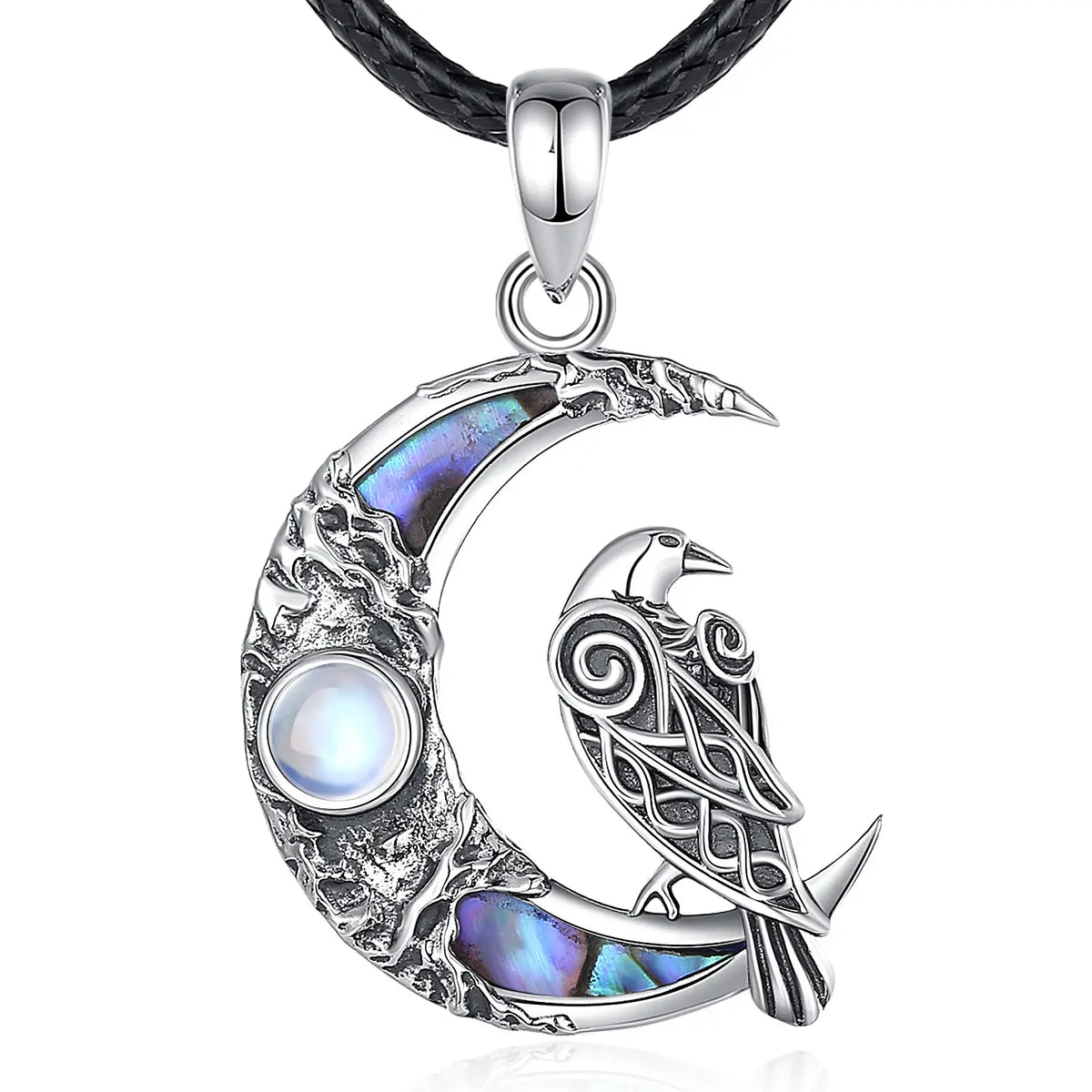 Sterling Silver 925 Viking Raven & Pentagram Moon Necklace, Abalone Shell Amulet
