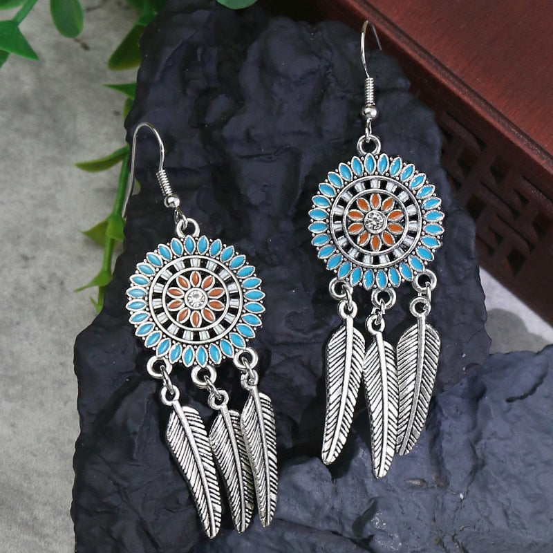 53 Styles Bohemian Vintage Tibetan Silver Geometric Drop Earrings For Women Ethnic Blue Stone Tassel Dangle Earrings Jewelry