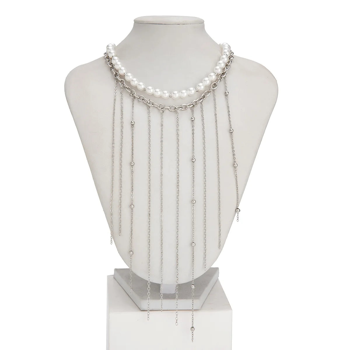 Round Bead Pearl Tassel Multilayer Necklace Jewelry
