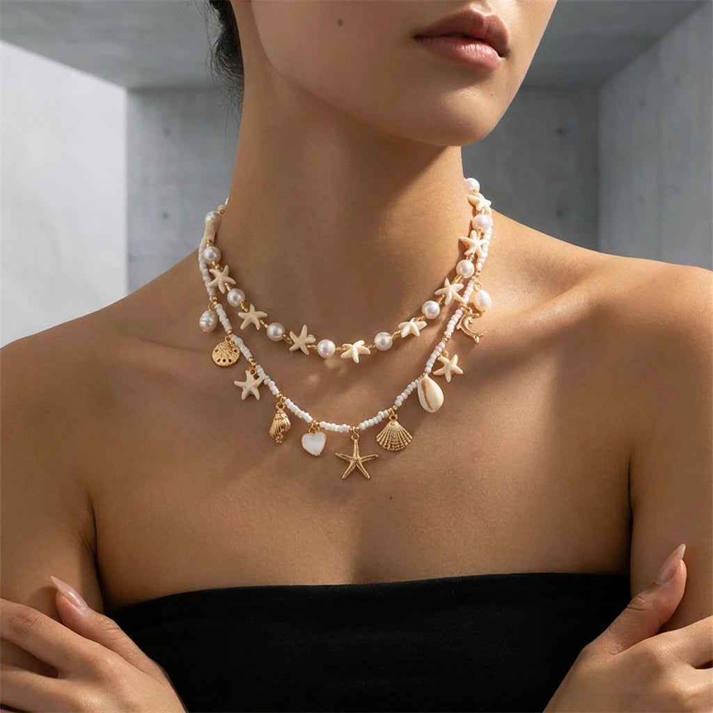 Multilayer Shell and Starfish Pearl Handmade Choker