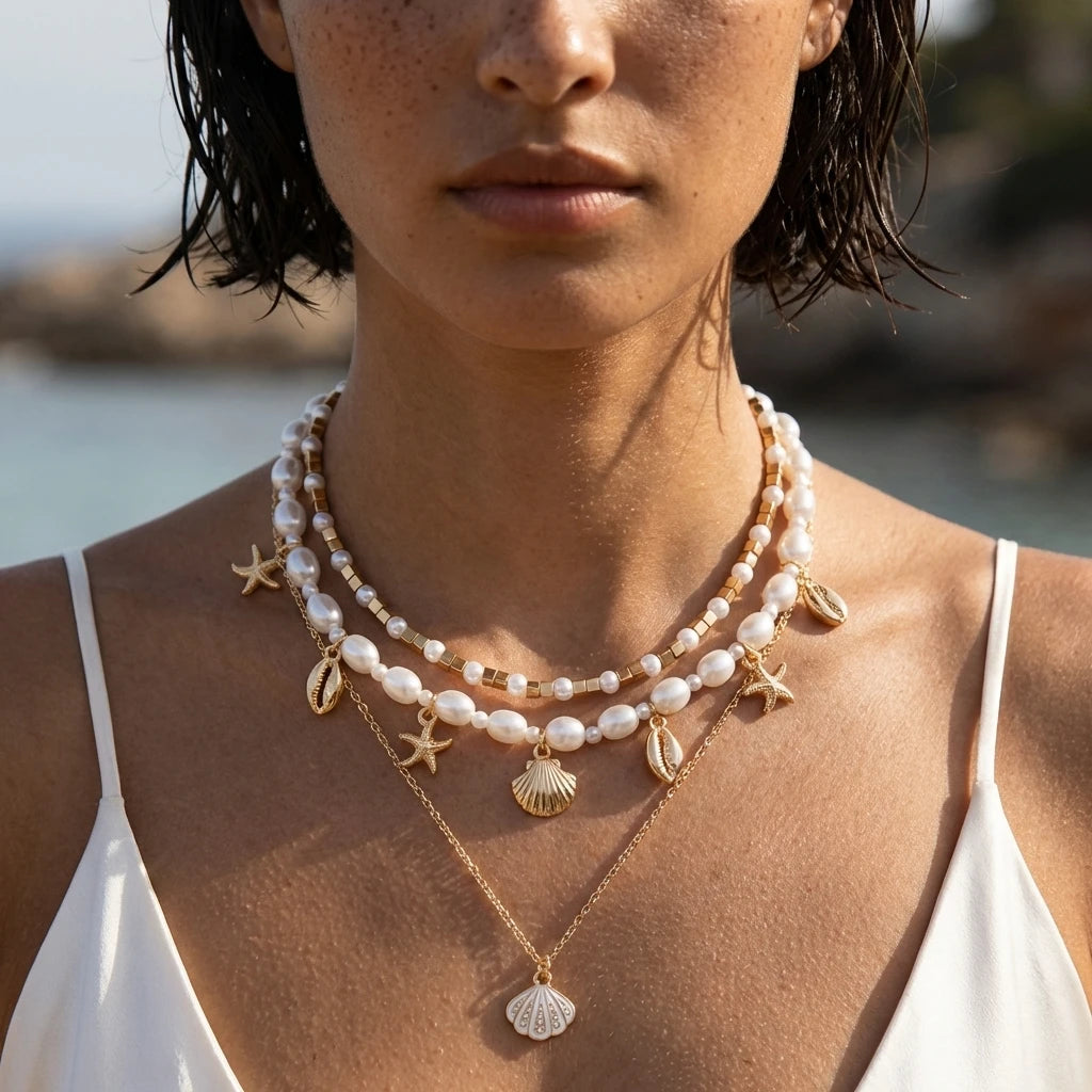 Starfish Shell and Pearl Layered Choker