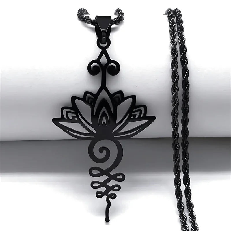 Artistic Lotus Flower Pendant Necklace, Stainless Steel Black Chakra Goth Talisman