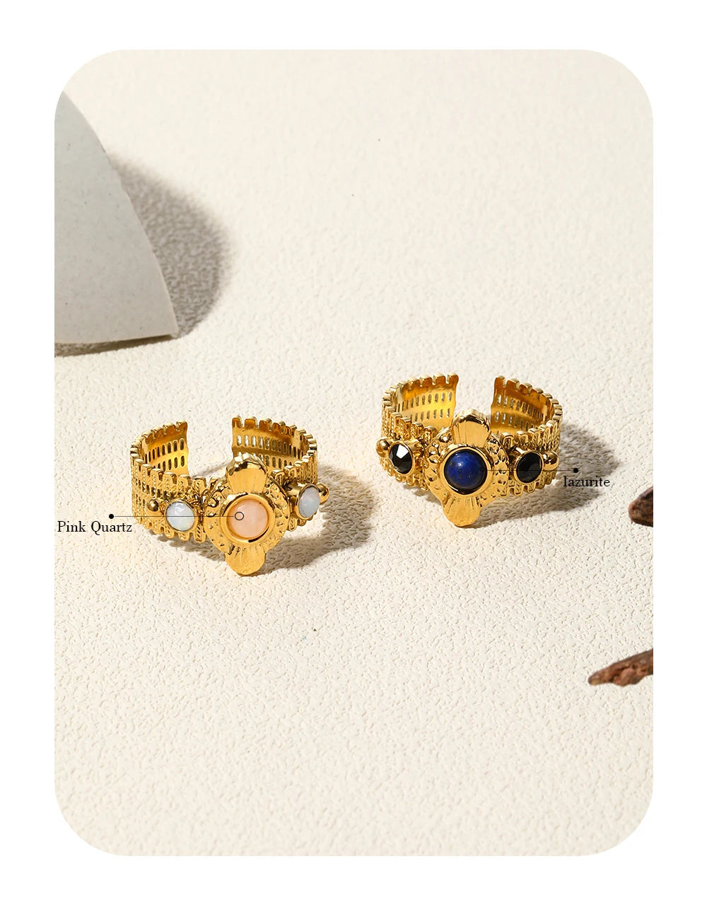 YACHAN Boho Vintage Stainless Steel Rings for Women Pink Natural Stone Lazurite 18K Gold Plated Aesthetic Trend Jewelry - Charlie Dolly