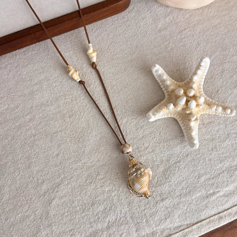 Starfish, Nautilus and Conch Wax Rope Clavicle Necklace