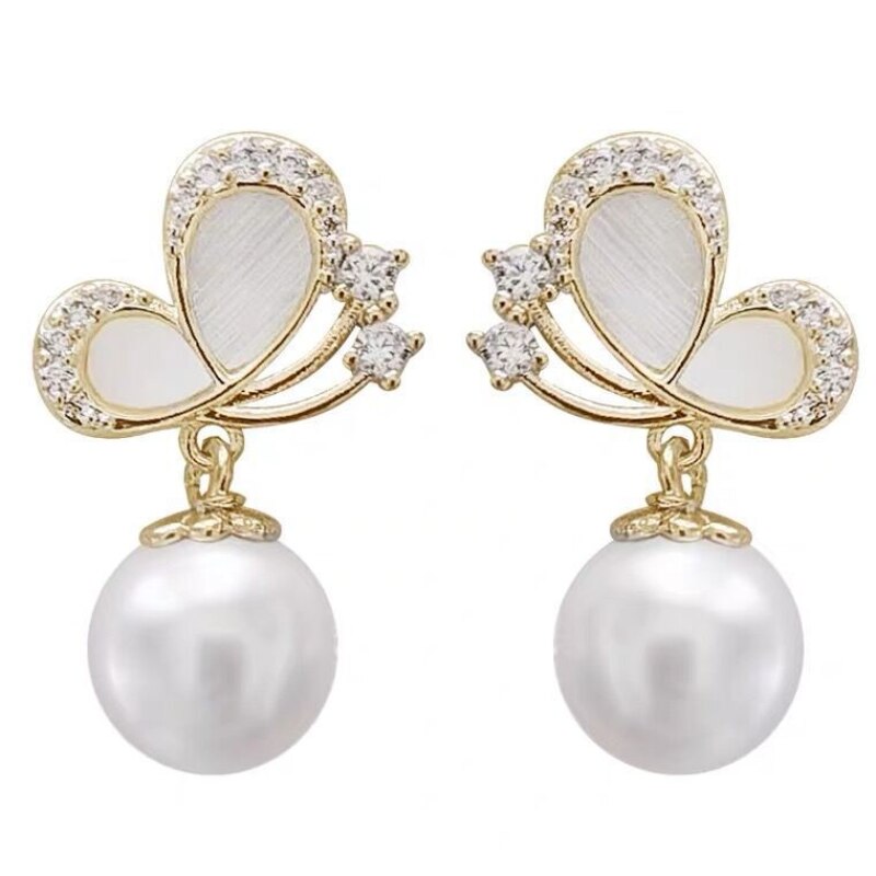 European and American Fashion New Zircon Butterfly Oil Dropping Earrings for Women Simple Personality Pearl Party Earrings