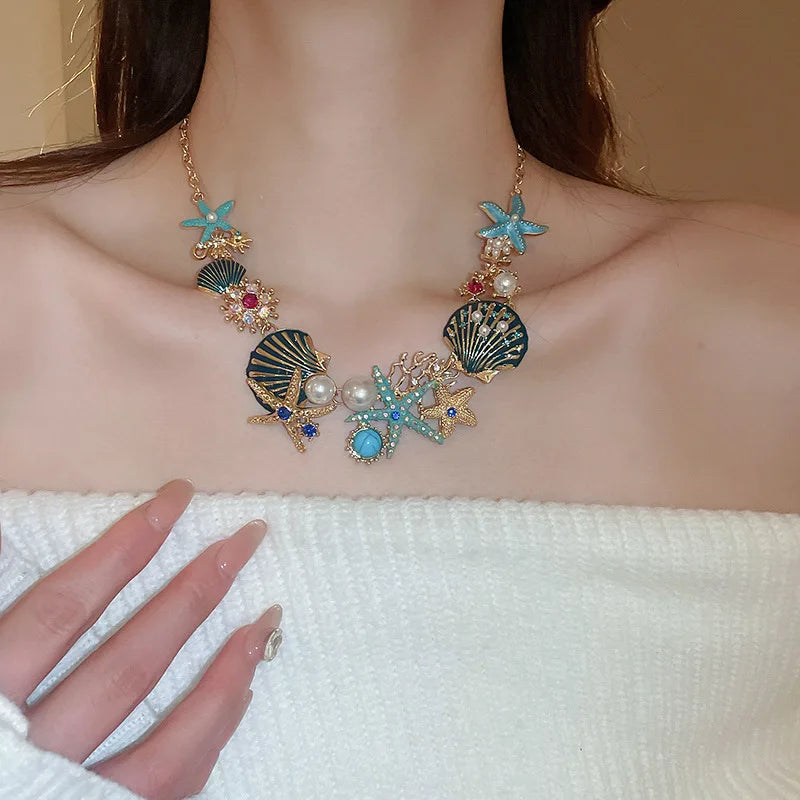 Marine Starfish Shell and Coral Pendant Necklace