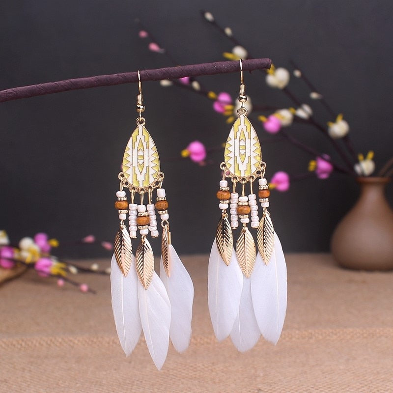 Boho Long Feather Dangle Women's Earrings Beach Long Tassel Beads Handmade Flower Enamel Earrings Bride Wedding Pendientes Mujer