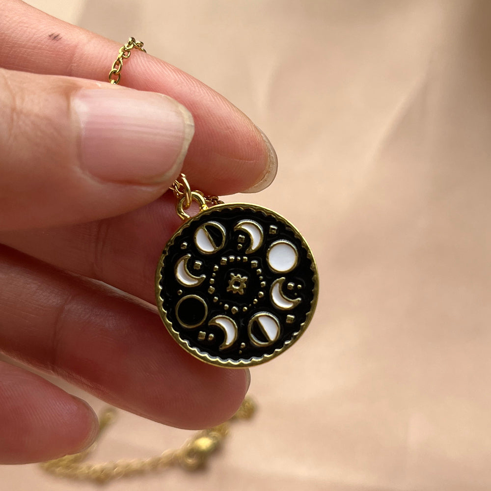 Black Enamel Moon Phase Choker Necklace, Gothic Witchy Celestial Talisman