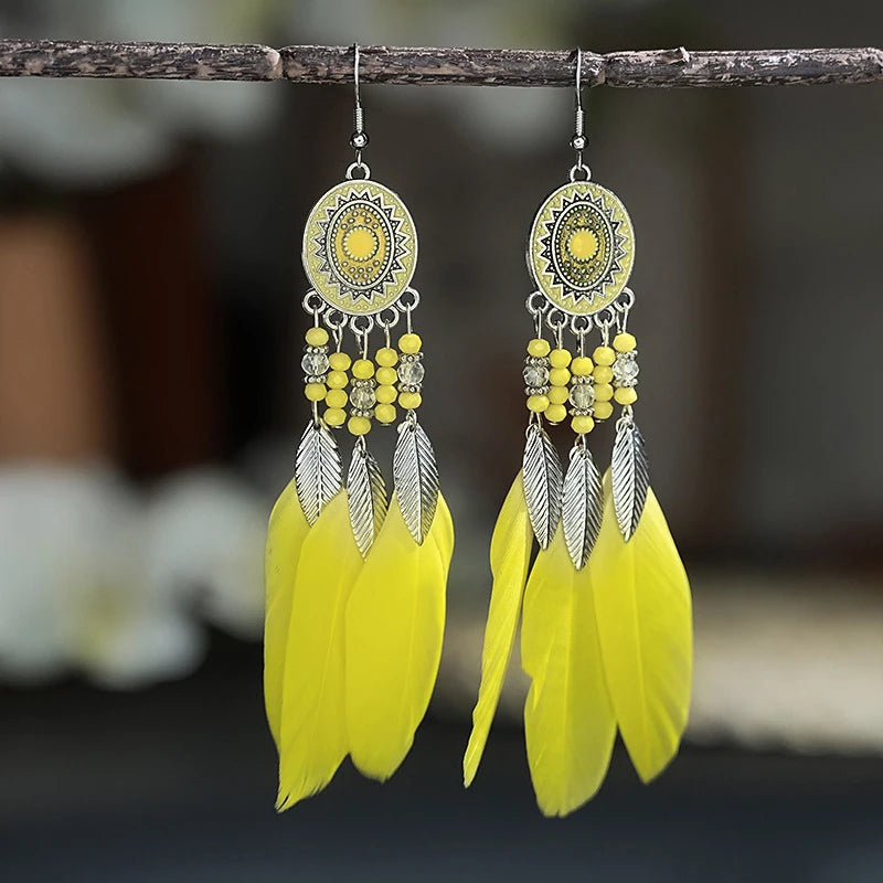 Feather Leaf Crystal Bead Long Earrings Jewelry
