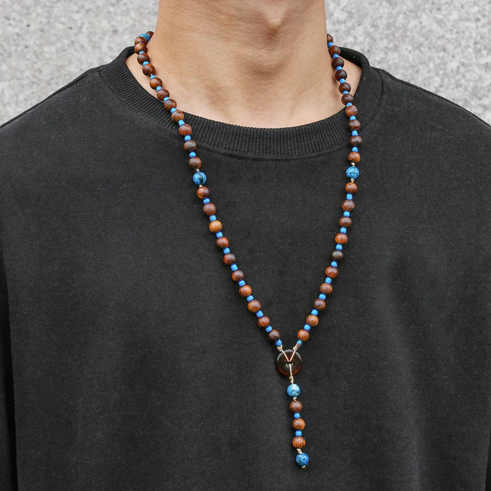 Wood Bead Tribal Mens Long Necklace Jewelry