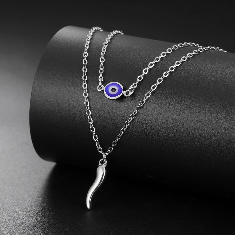 Italian Horn & Evil Eye Double Layer Necklace, Spiritual Protection Amulet