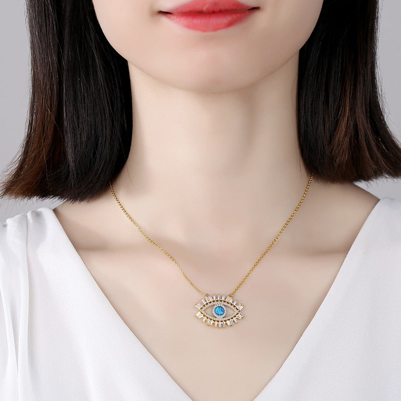 KALETINE 925 Sterling Silver Evil Eye Necklaces Women Gift Crystal CZ Lucky Turkish Blue Eye CZ Necklace Fine Turkey Jewelry