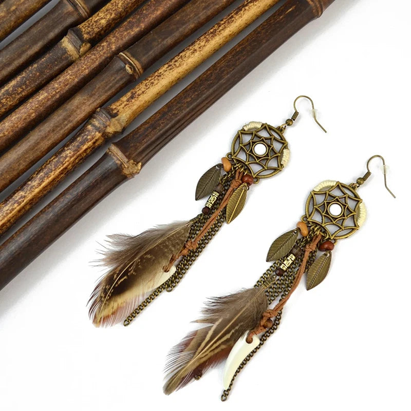 Dream Catcher Feather Chain Tassel Hook Earrings Jewelry