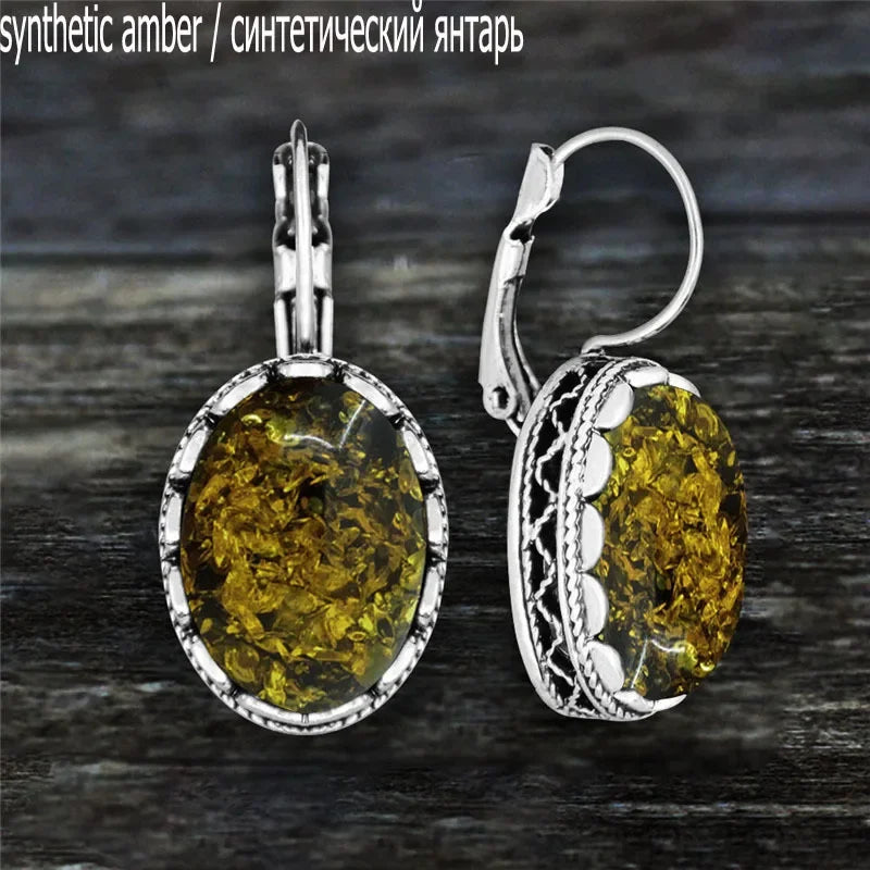Oval Amethysts Earrings For Women Tibetan Silver Natural Stone Rose Quartz Lapis Lazuli Tiger Eye Fashion Earring - Charlie Dolly
