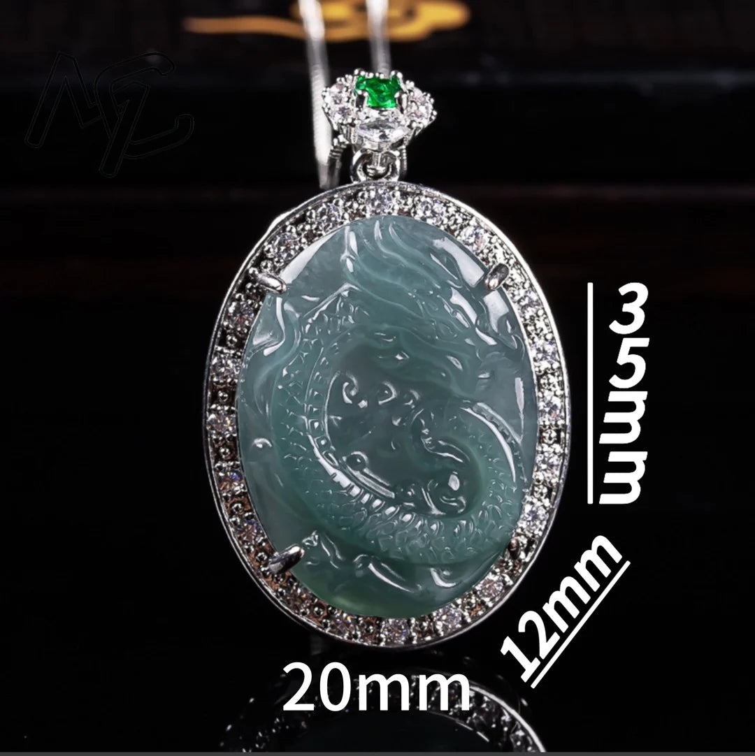 925 Silver Burmese Blue Water Jadeite Dragon Pendant Necklace, Ice Seed Sacred Amulet